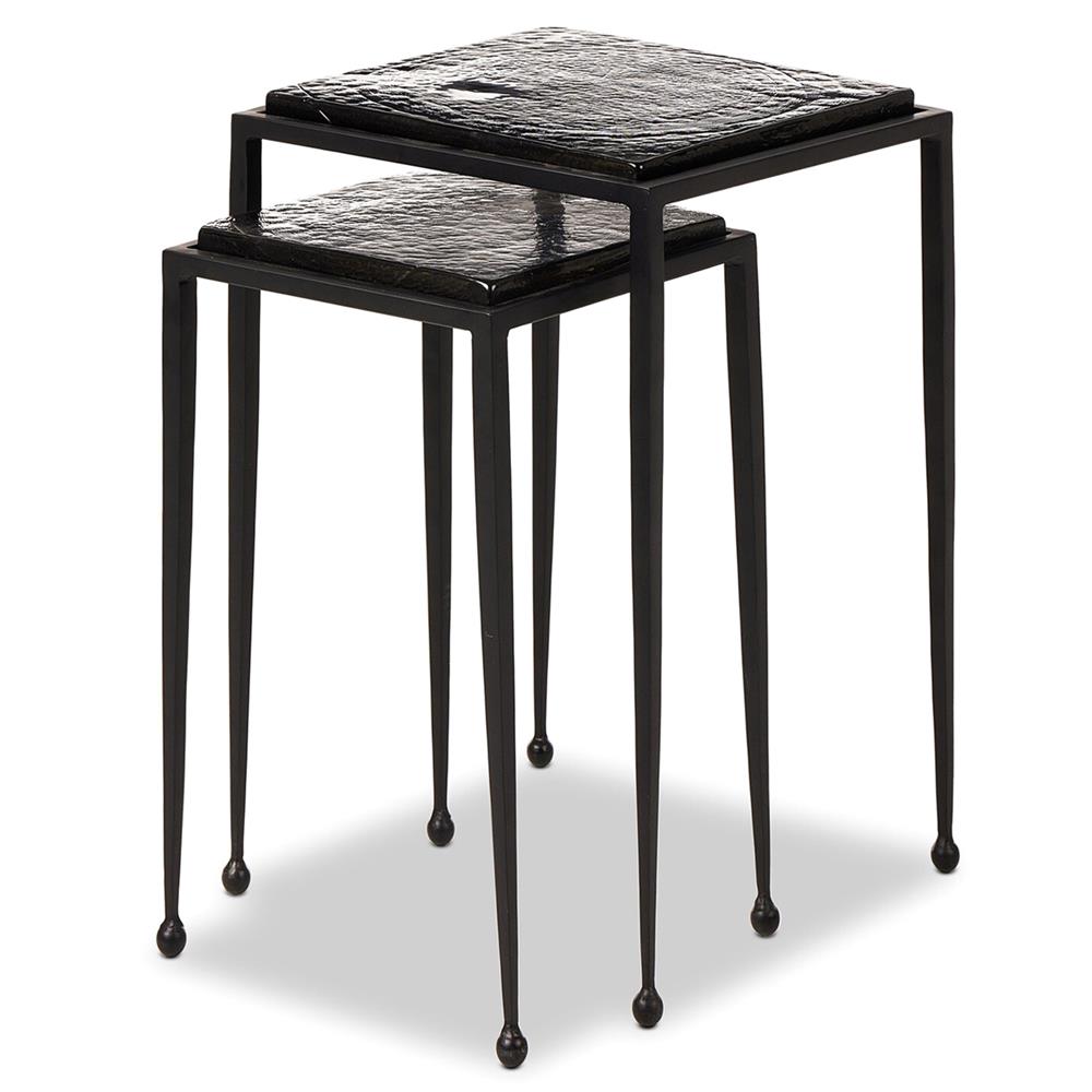 Fector Industrial Smoked Black Glass Iron Square Nesting End Table - Set of 2|