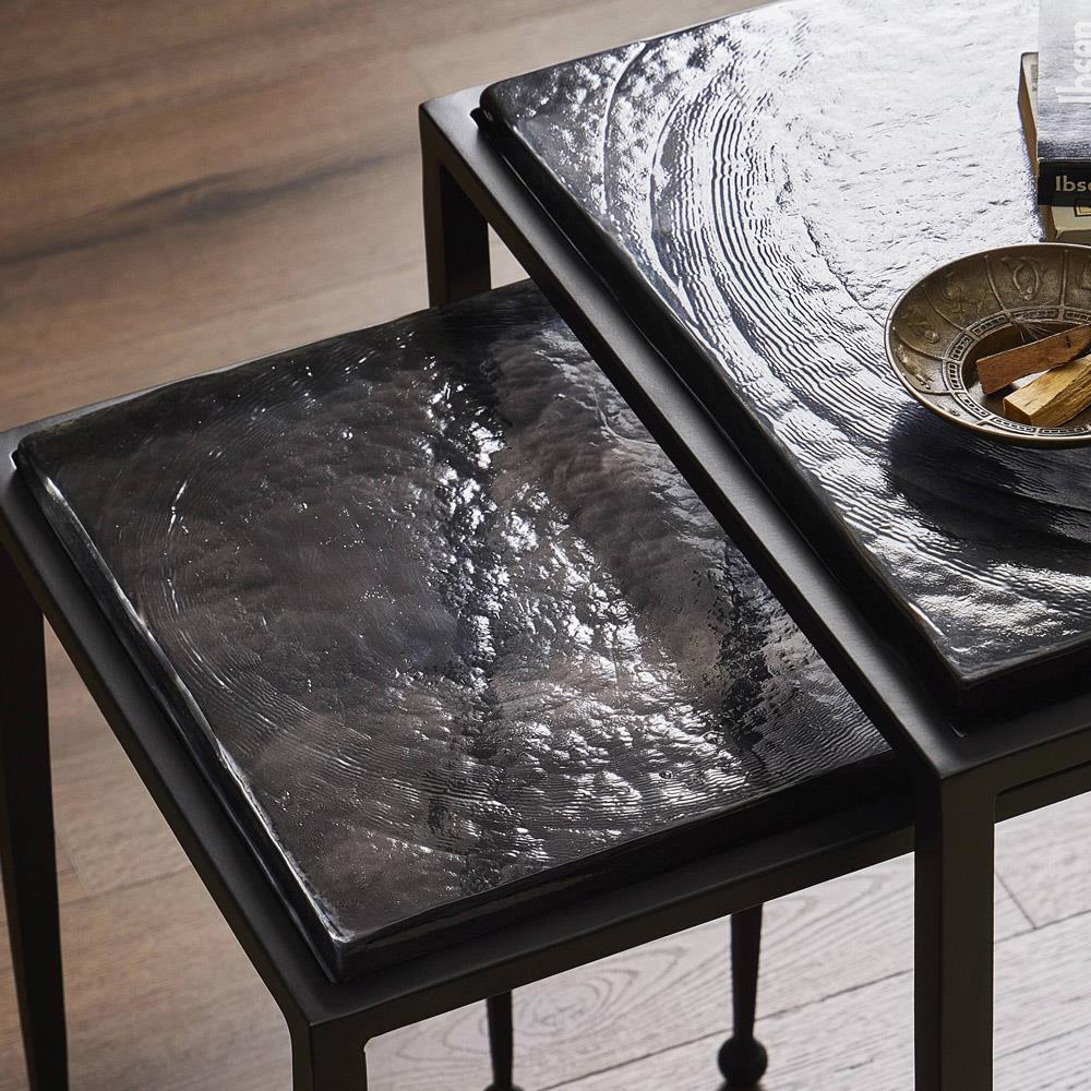 Fector Industrial Smoked Black Glass Iron Square Nesting End Table - Set of 2|