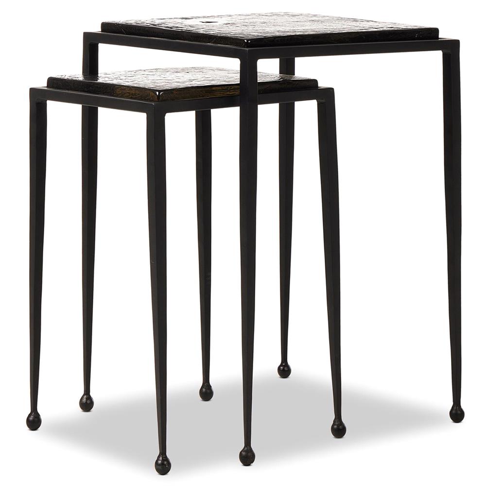 Fector Industrial Smoked Black Glass Iron Square Nesting End Table - Set of 2|