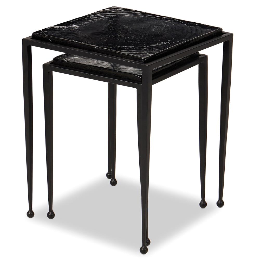 Fector Industrial Smoked Black Glass Iron Square Nesting End Table - Set of 2|