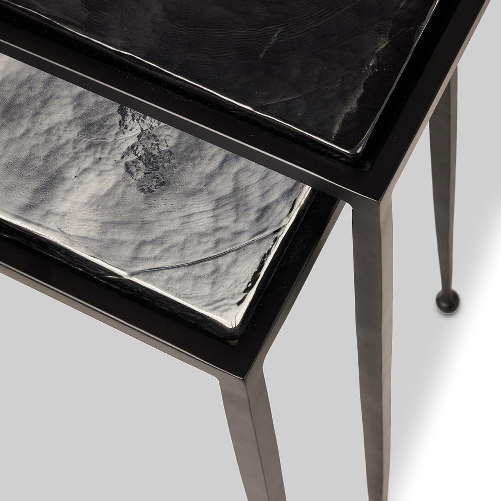 Fector Industrial Smoked Black Glass Iron Square Nesting End Table - Set of 2|