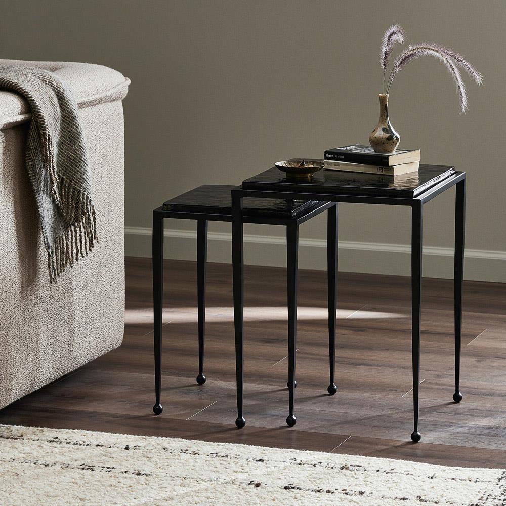 Fector Industrial Smoked Black Glass Iron Square Nesting End Table - Set of 2|