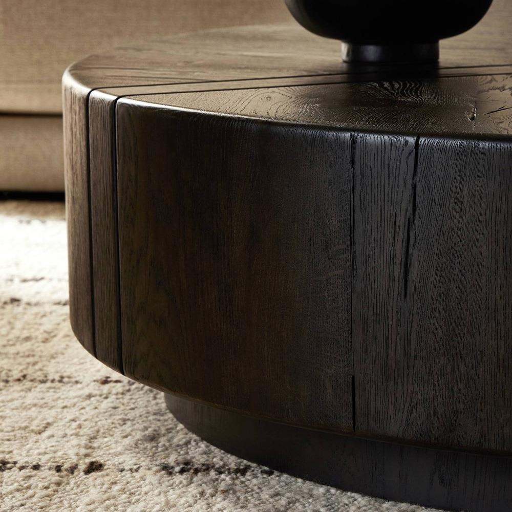 Reese Modern Classic Dark Brown Reclaimed Oak Drum Coffee Table|