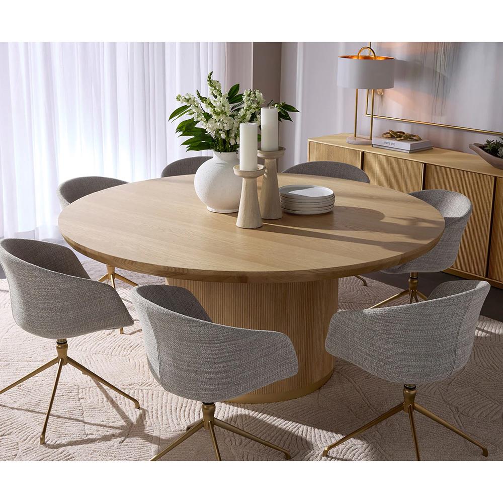 Palmerston Modern Natural Oak Brushed Gold Steel Round Dining Table - 68"W|