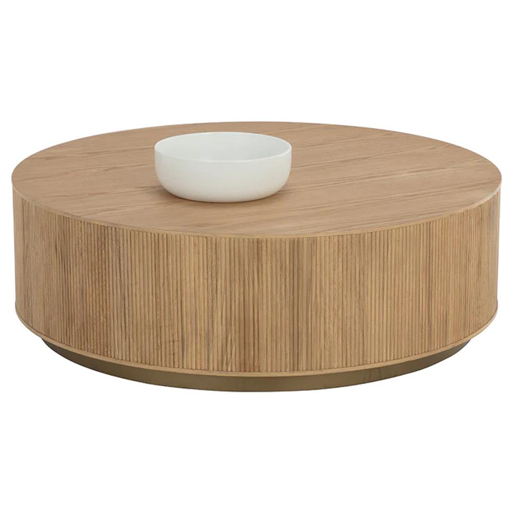 Palmerston Modern Natural Oak Brushed Gold Steel Round Drum Coffee Table|