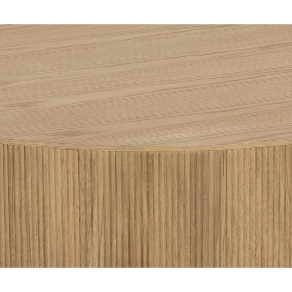 Palmerston Modern Natural Oak Brushed Gold Steel Round Drum Coffee Table|