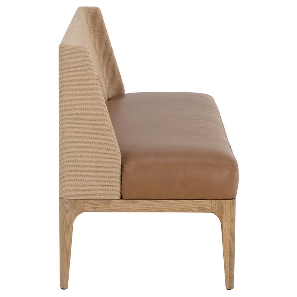 Luther Cognac Faux Leather Woven Rope Back Natural Oak Bench|
