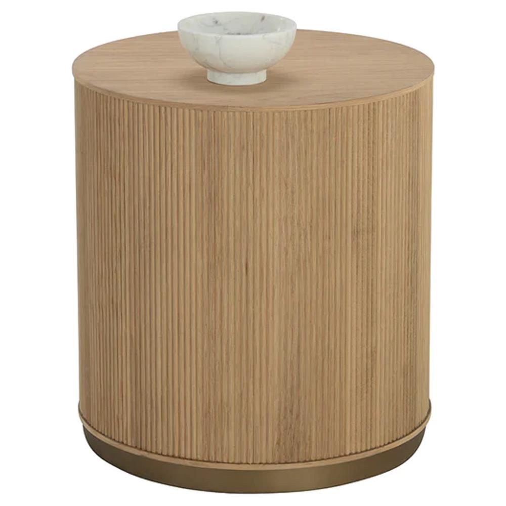 Palmerston Modern Classic Natural Oak Brushed Gold Steel Round Side Table|