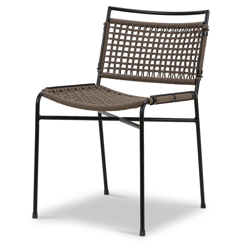 Burton Coastal Beach Brown Woven Rope Black Iron Outdoor Dining Side Chair|