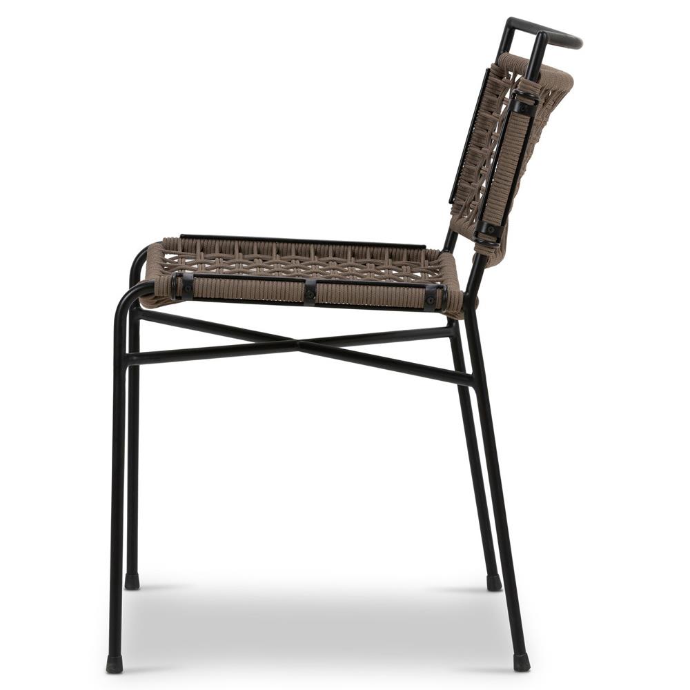 Burton Coastal Beach Brown Woven Rope Black Iron Outdoor Dining Side Chair|