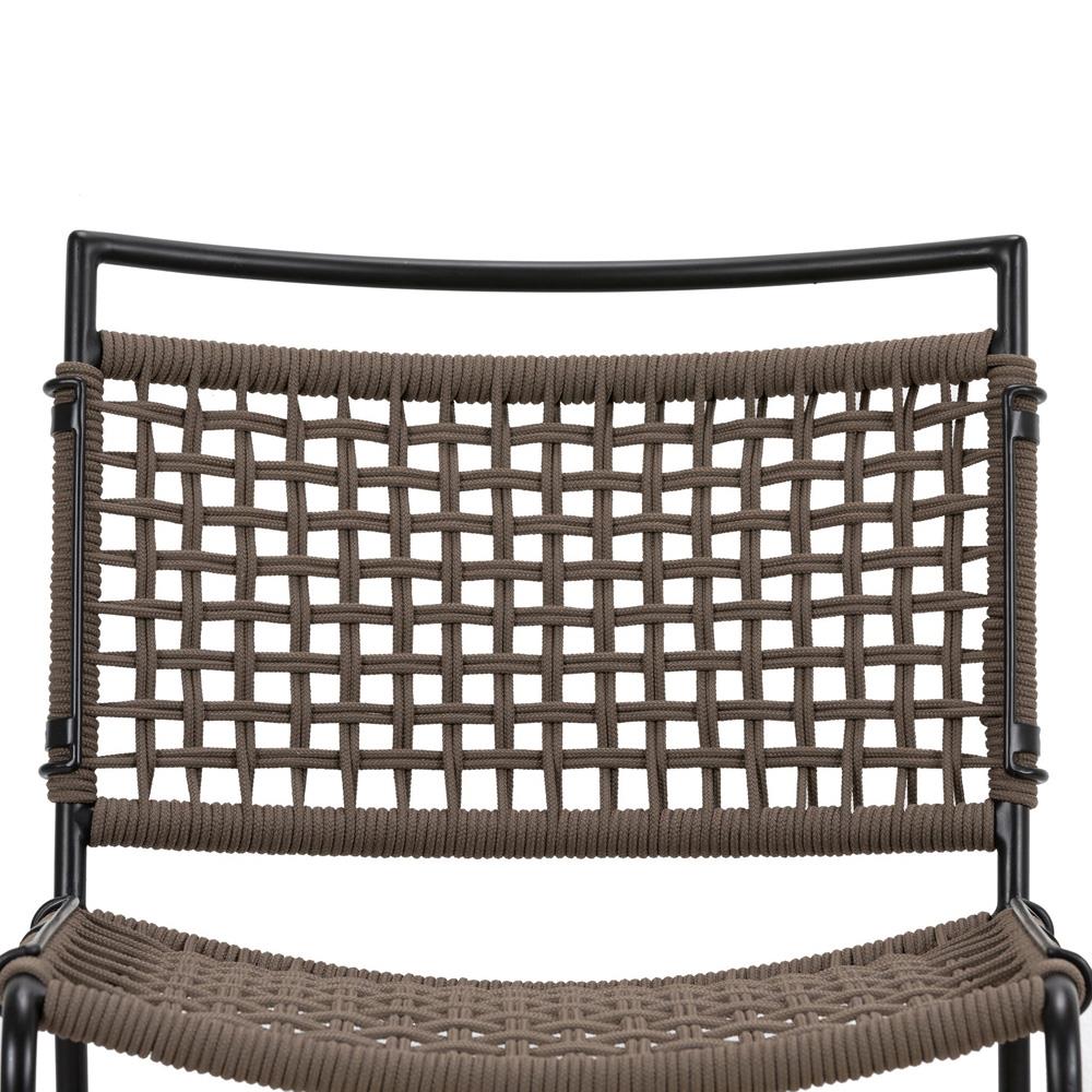 Burton Coastal Beach Brown Woven Rope Black Iron Outdoor Dining Side Chair|