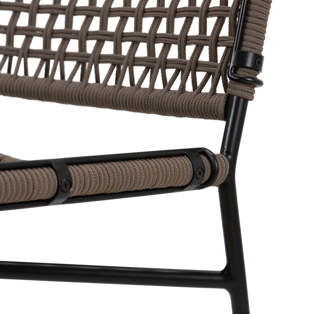 Burton Coastal Beach Brown Woven Rope Black Iron Outdoor Dining Side Chair|