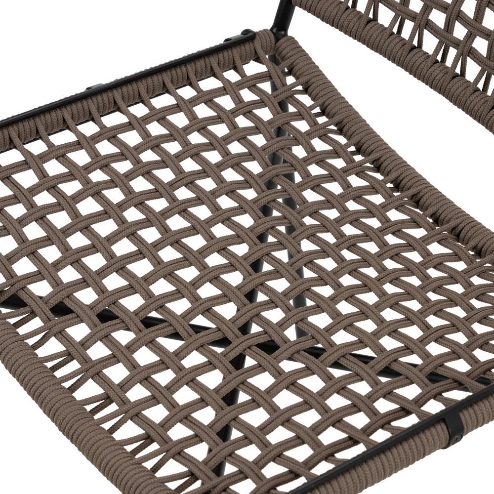 Burton Coastal Beach Brown Woven Rope Black Iron Outdoor Dining Side Chair|