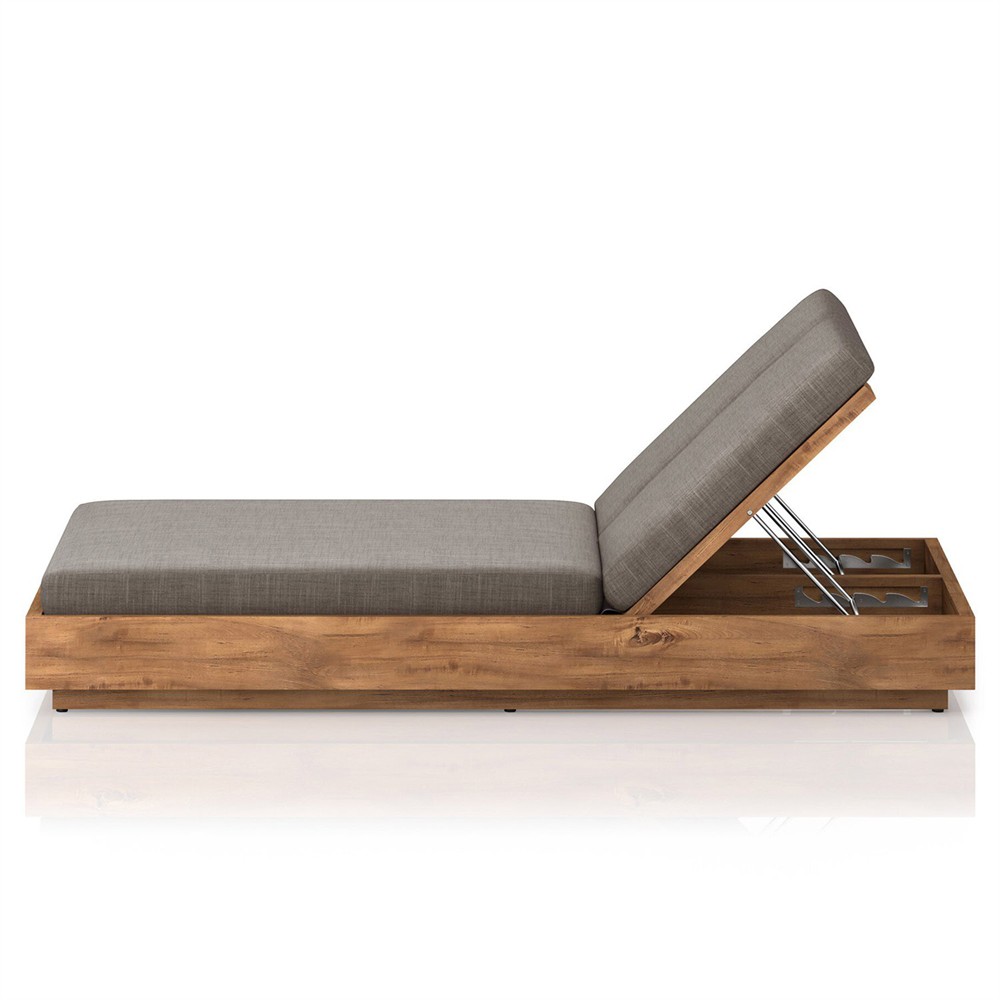 Kisha Modern Classic Black Upholstered Natural Teak Outdoor Double Chaise|