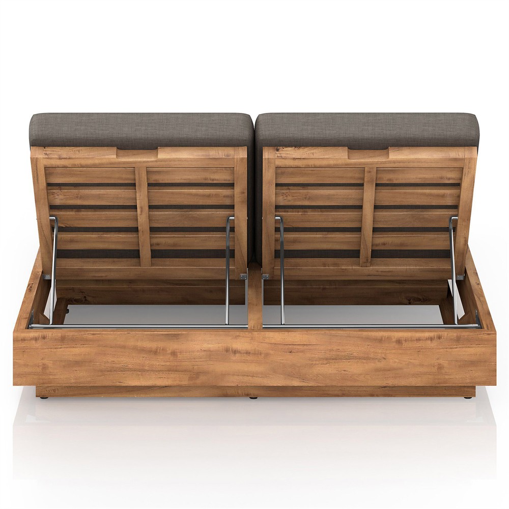 Kisha Modern Classic Black Upholstered Natural Teak Outdoor Double Chaise|