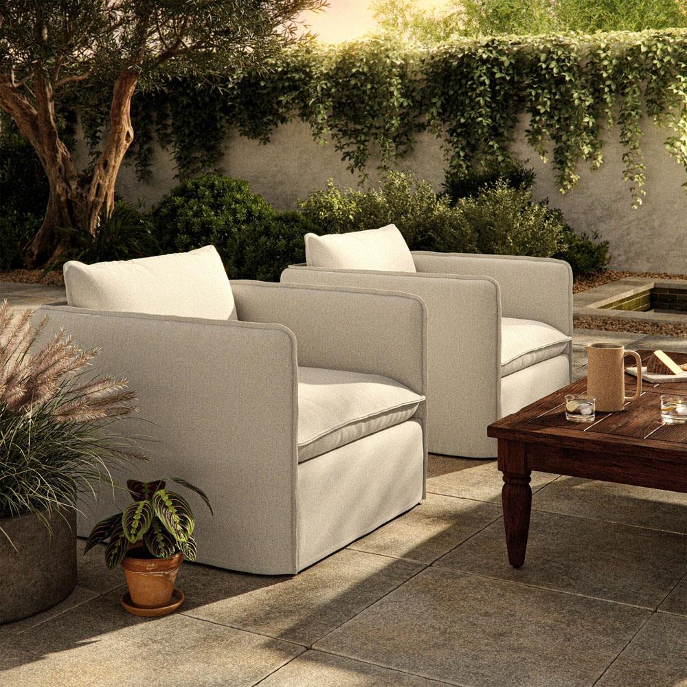 Andrew Modern Off White Upholstered Linen Outdoor Swivel Arm Chair|