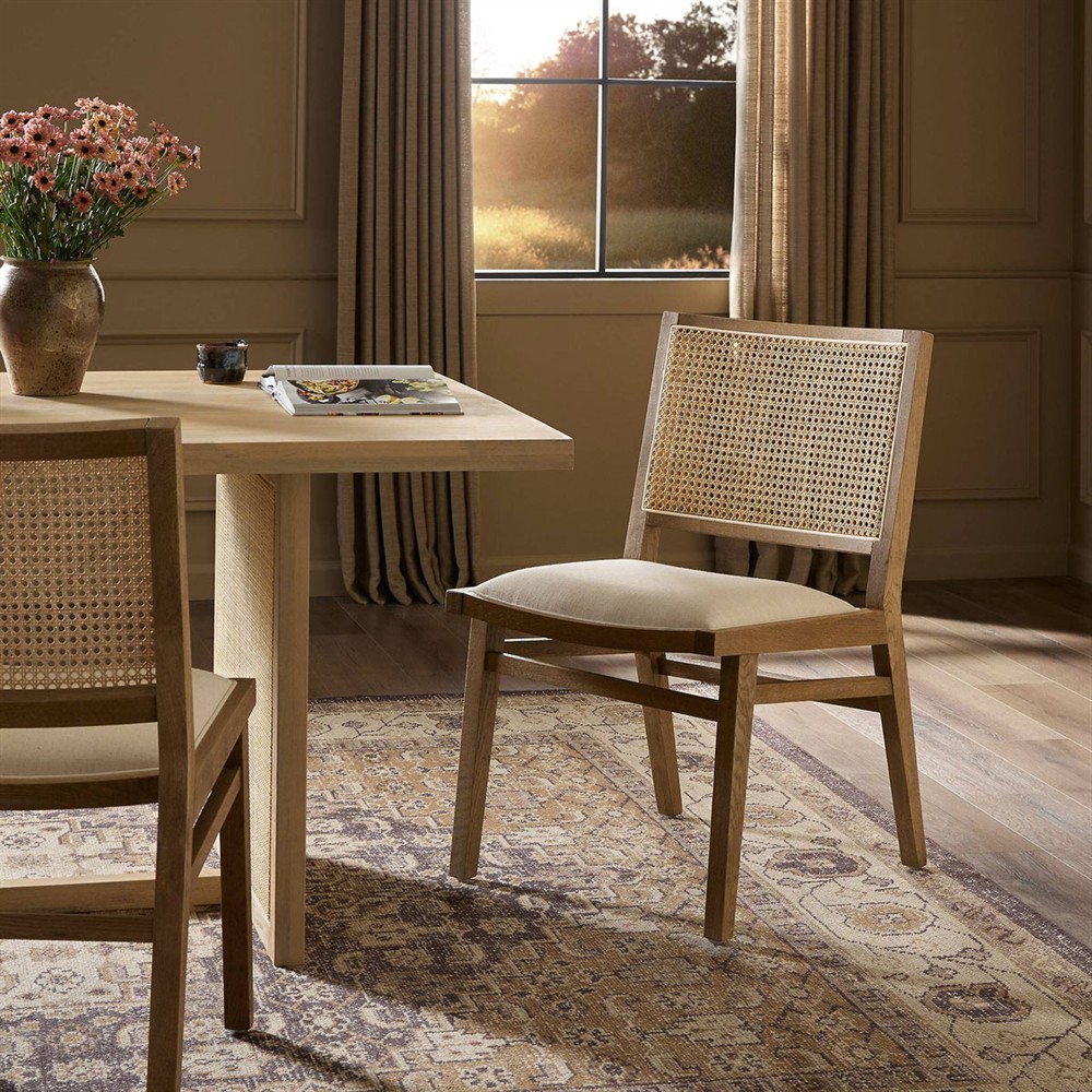 Samantha Coastal White Performance Upholstered Natural Wood Cane