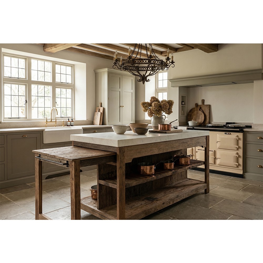 Sienna Rustic Lodge White Marble Reclaimed Wood Extendable Kitchen Island - 61"W|