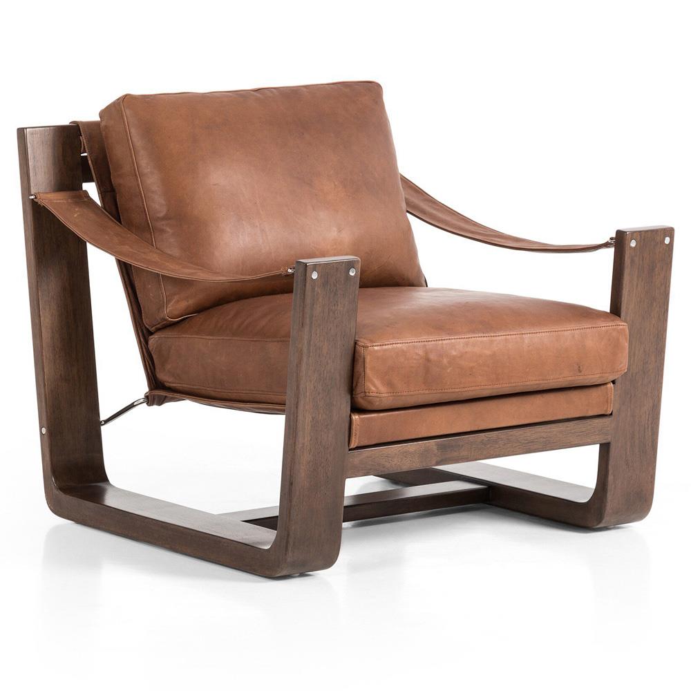 Myrtle Rustic Lodge Modern Brown Upholstered Leather Sling Occasional Arm Chair|