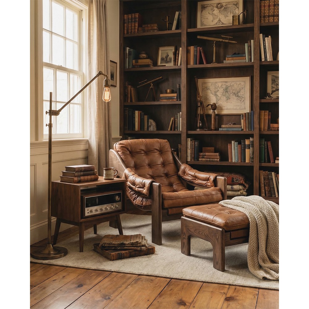 Hadley Rustic Brown Leather Wood Tufted Occasional Arm Chair