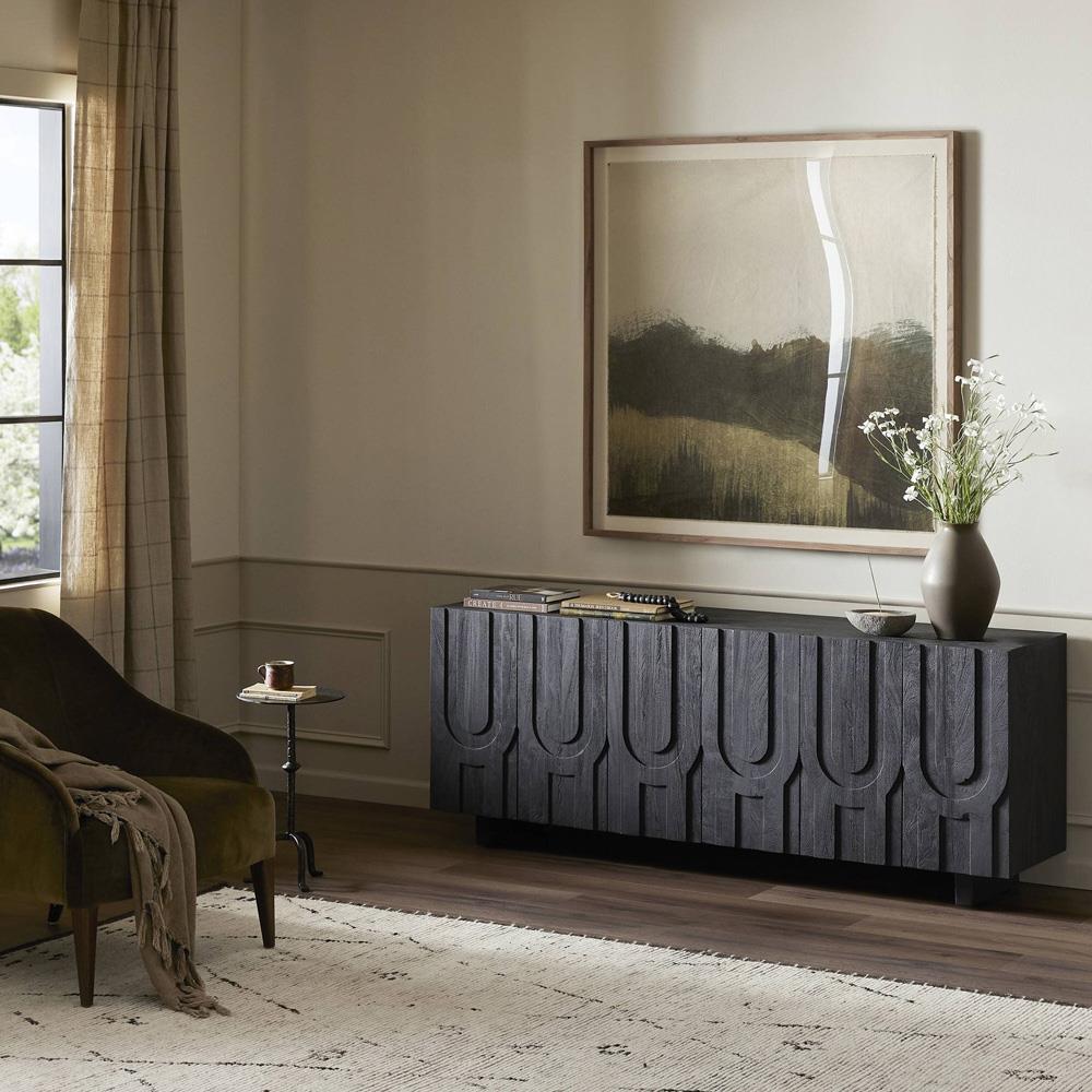 Celia Modern Classic Black Carved Reclaimed Wood Media Console