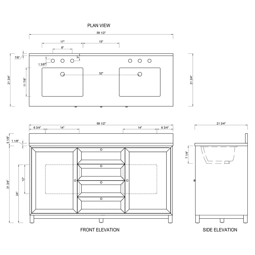 Cynthia Modern Classic Carrara Marble Black Oak Double Vanity Sink - 60"|