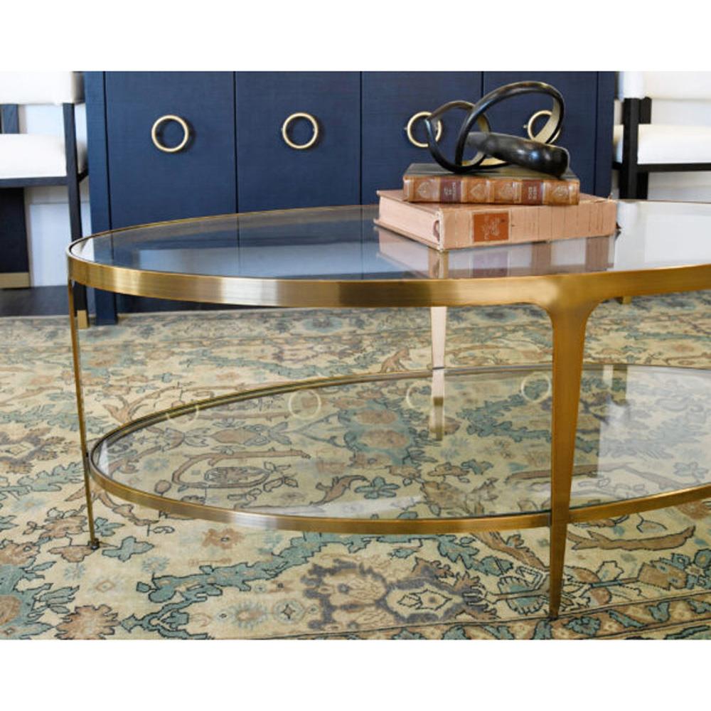 Worlds Away Brando Regency Glass Antique Brass Oval Coffee Table