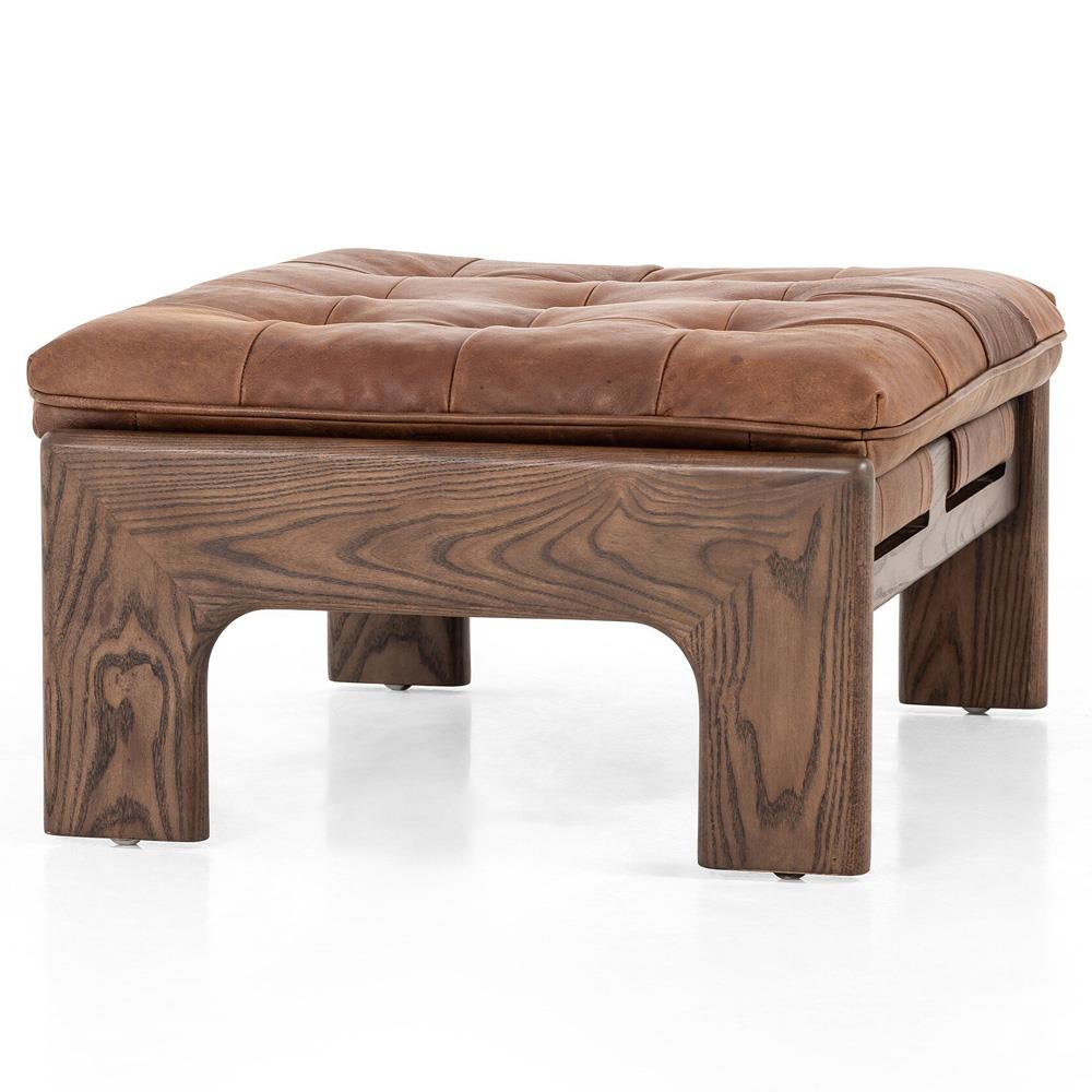 Hadley Rustic Lodge Brown Leather Wood Frame Tufted Ottoman|