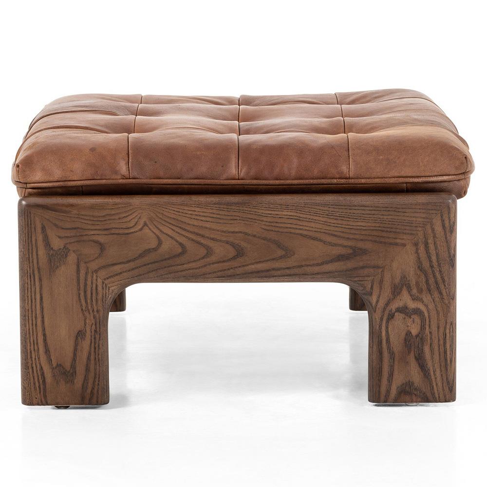 Hadley Rustic Lodge Brown Leather Wood Frame Tufted Ottoman|