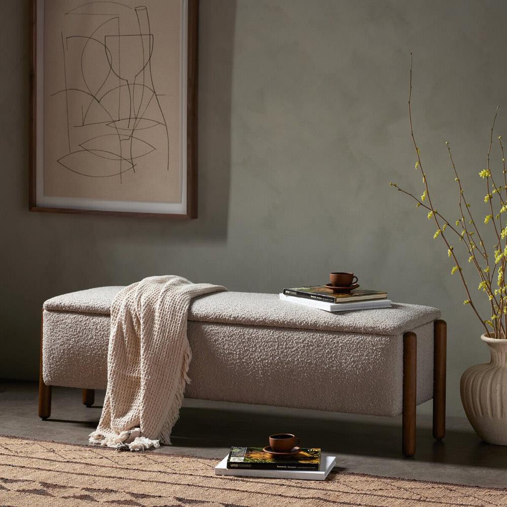 Tola Mid Century Beige Performance Boucle Storage Bench Long