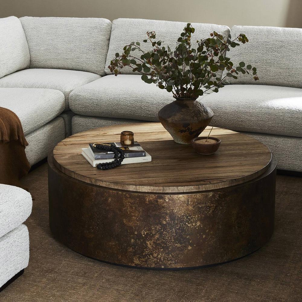 Cami Rustic Lodge Oak Wood Acid Wash Metal Drum Coffee Table 41