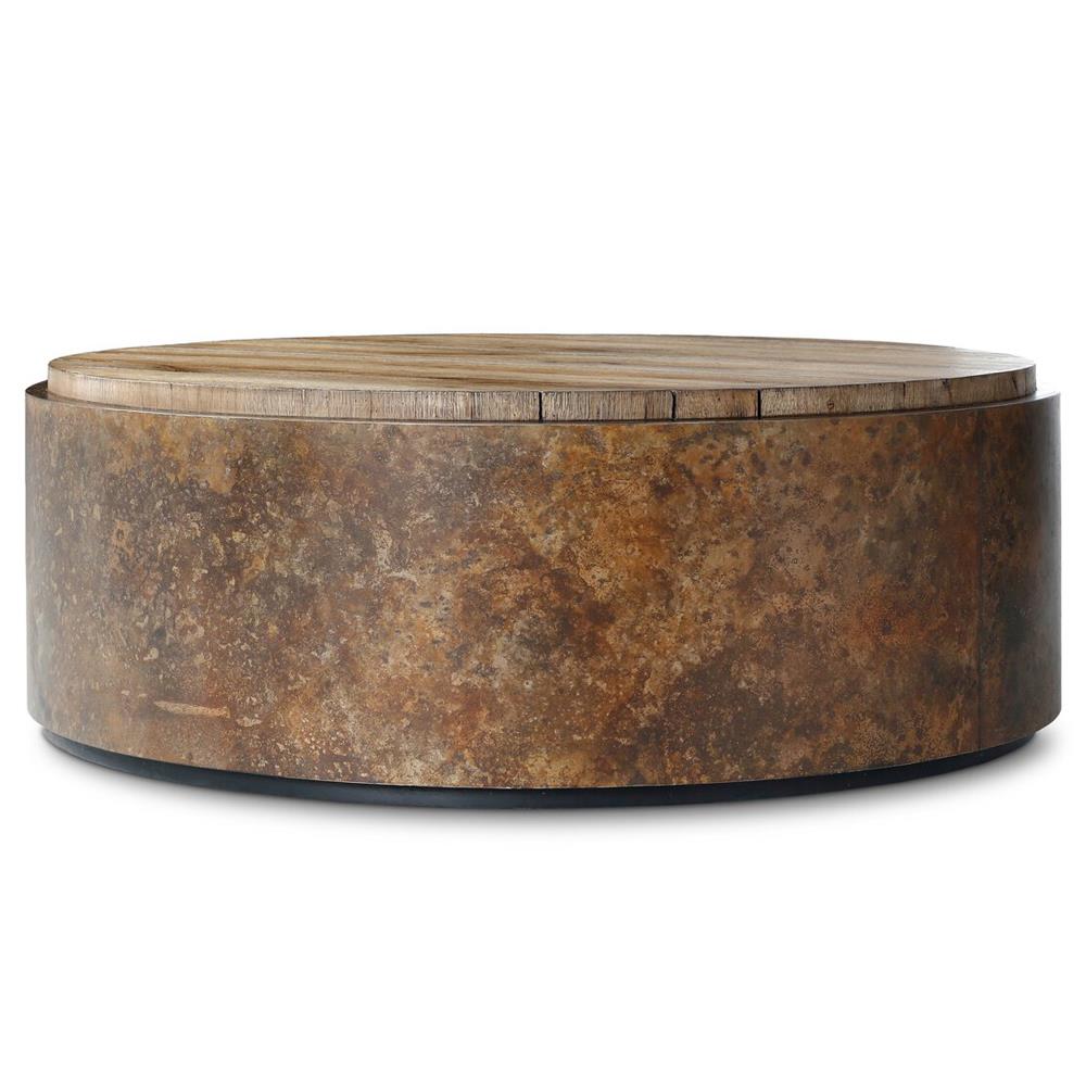 Cami Rustic Lodge Oak Wood Acid Wash Metal Drum Coffee Table 41