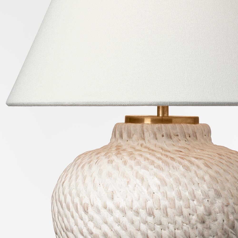 Visual Comfort Avedon Plaster White Rattan Linen Shade Cordless Table Lamp|