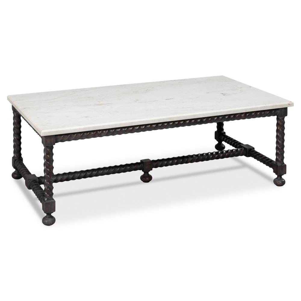 Stella Updated Traditional White Marble Brown Wood Rectangular Coffee Table|