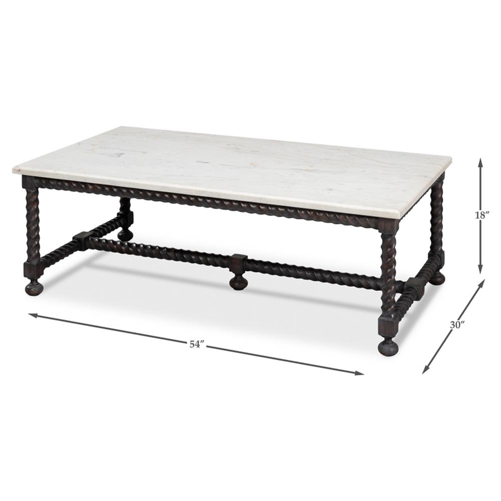 Stella Updated Traditional White Marble Brown Wood Rectangular Coffee Table|