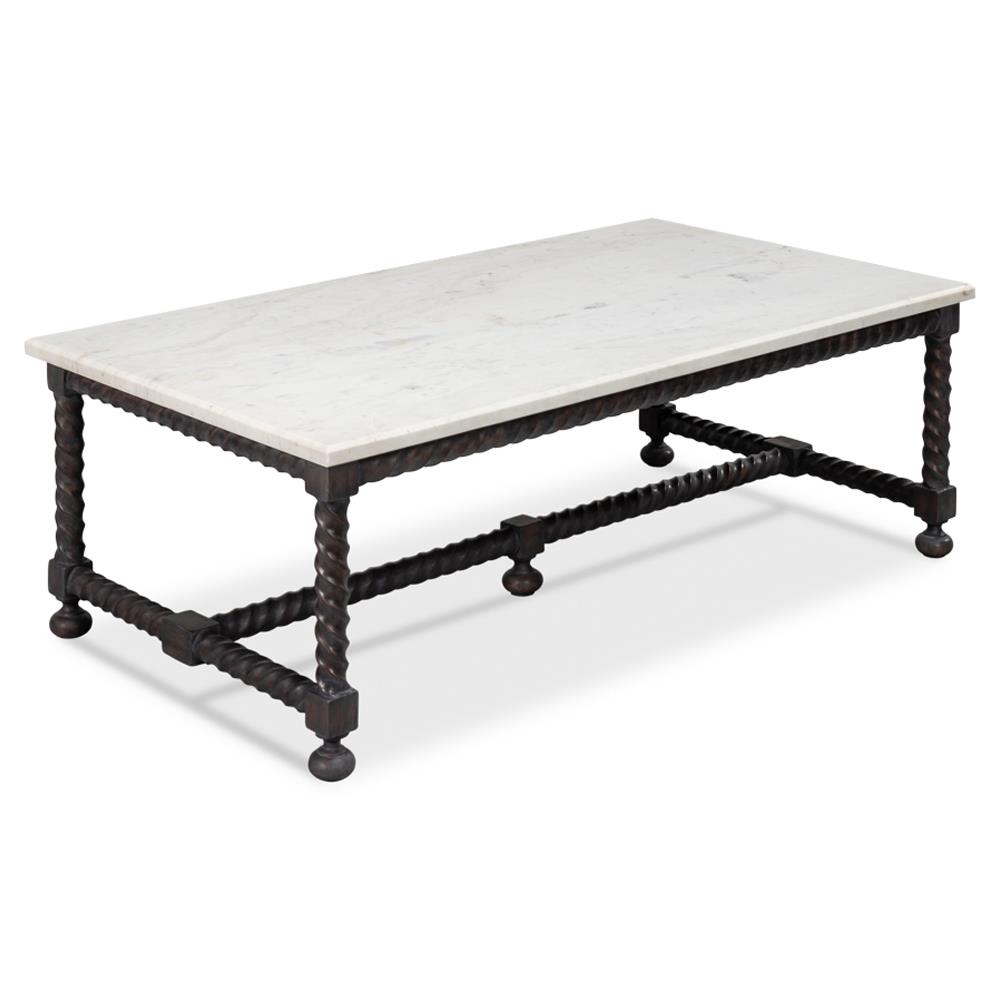 Stella Updated Traditional White Marble Brown Wood Rectangular Coffee Table|