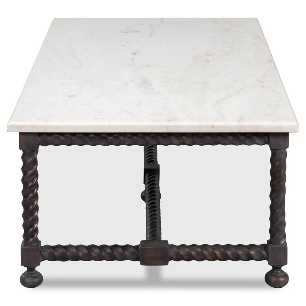 Stella Updated Traditional White Marble Brown Wood Rectangular Coffee Table|