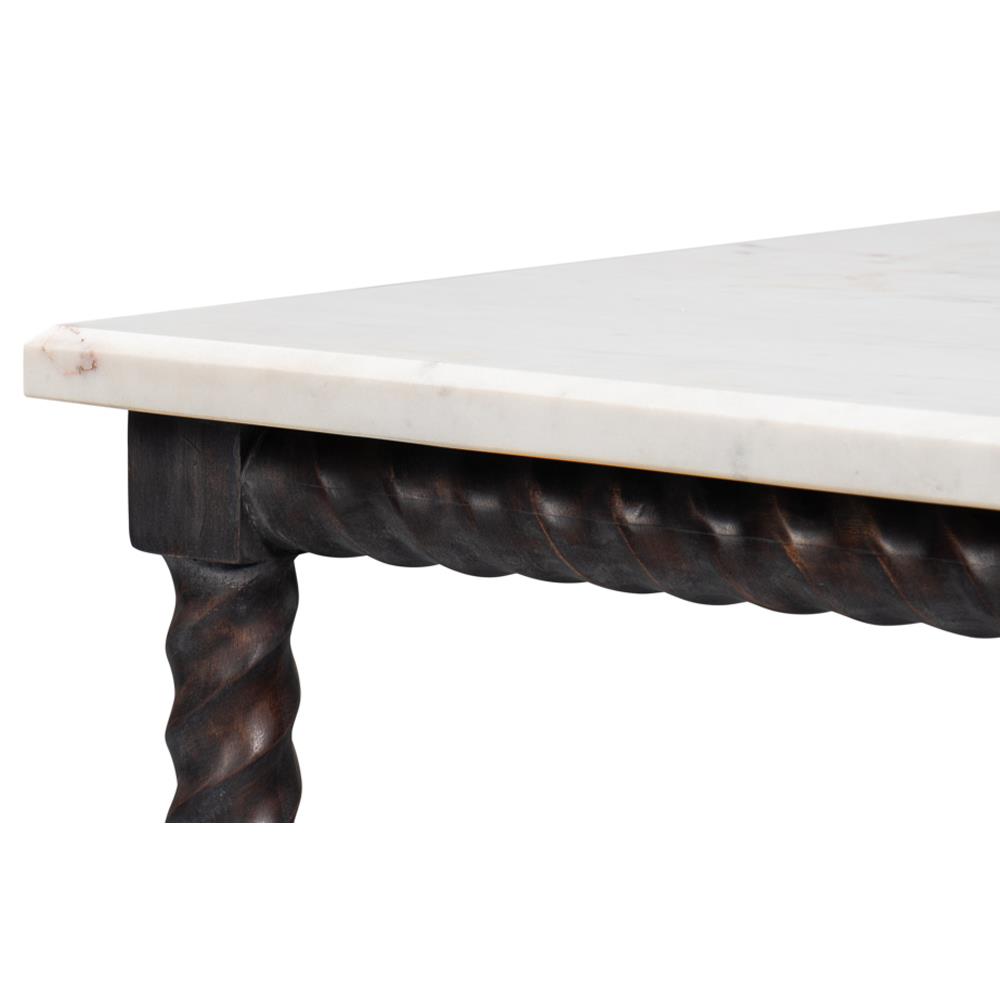 Stella Updated Traditional White Marble Brown Wood Rectangular Coffee Table|