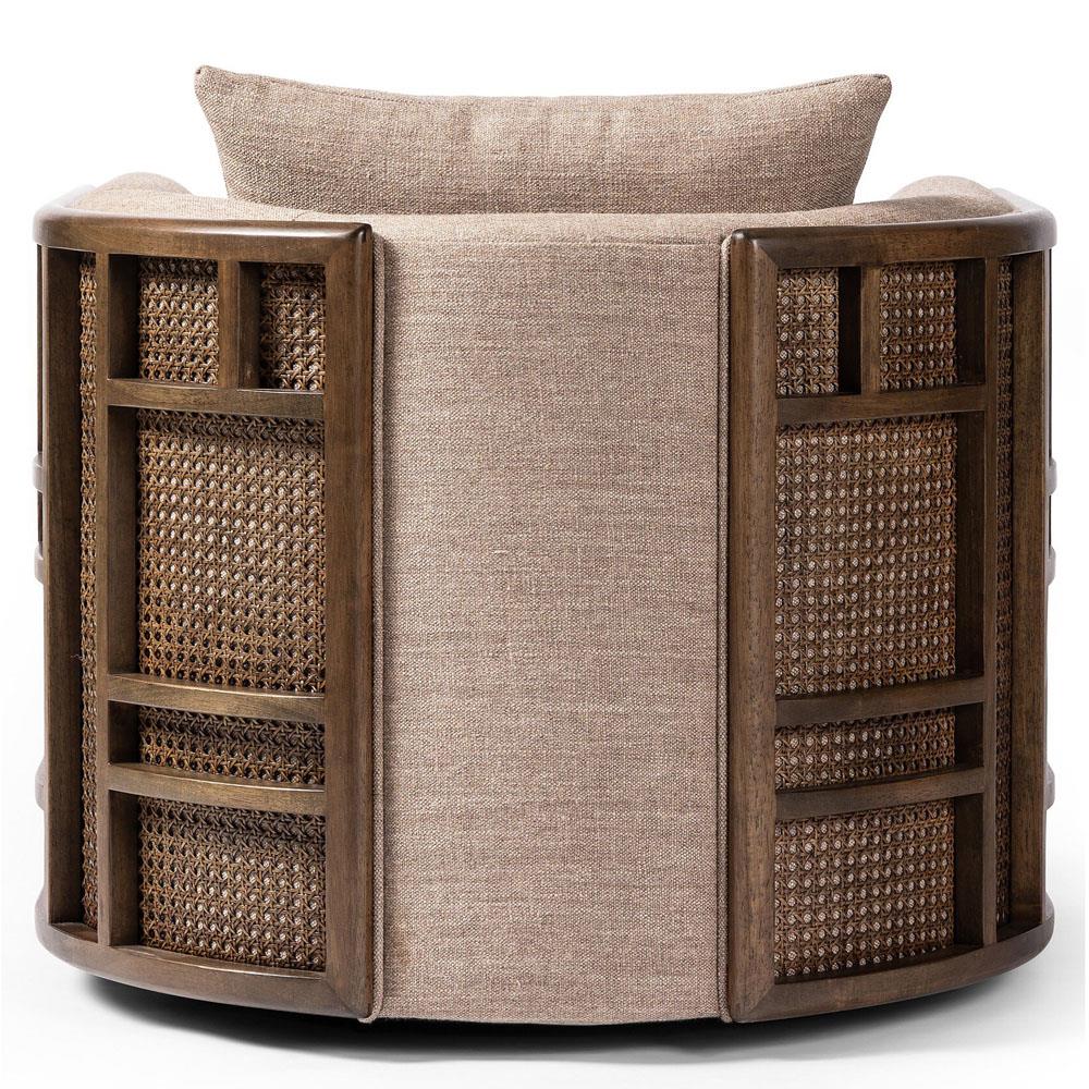 Jun Coastal Beach Dark Beige Performance Brown Cane Wood Swivel Arm Chair|
