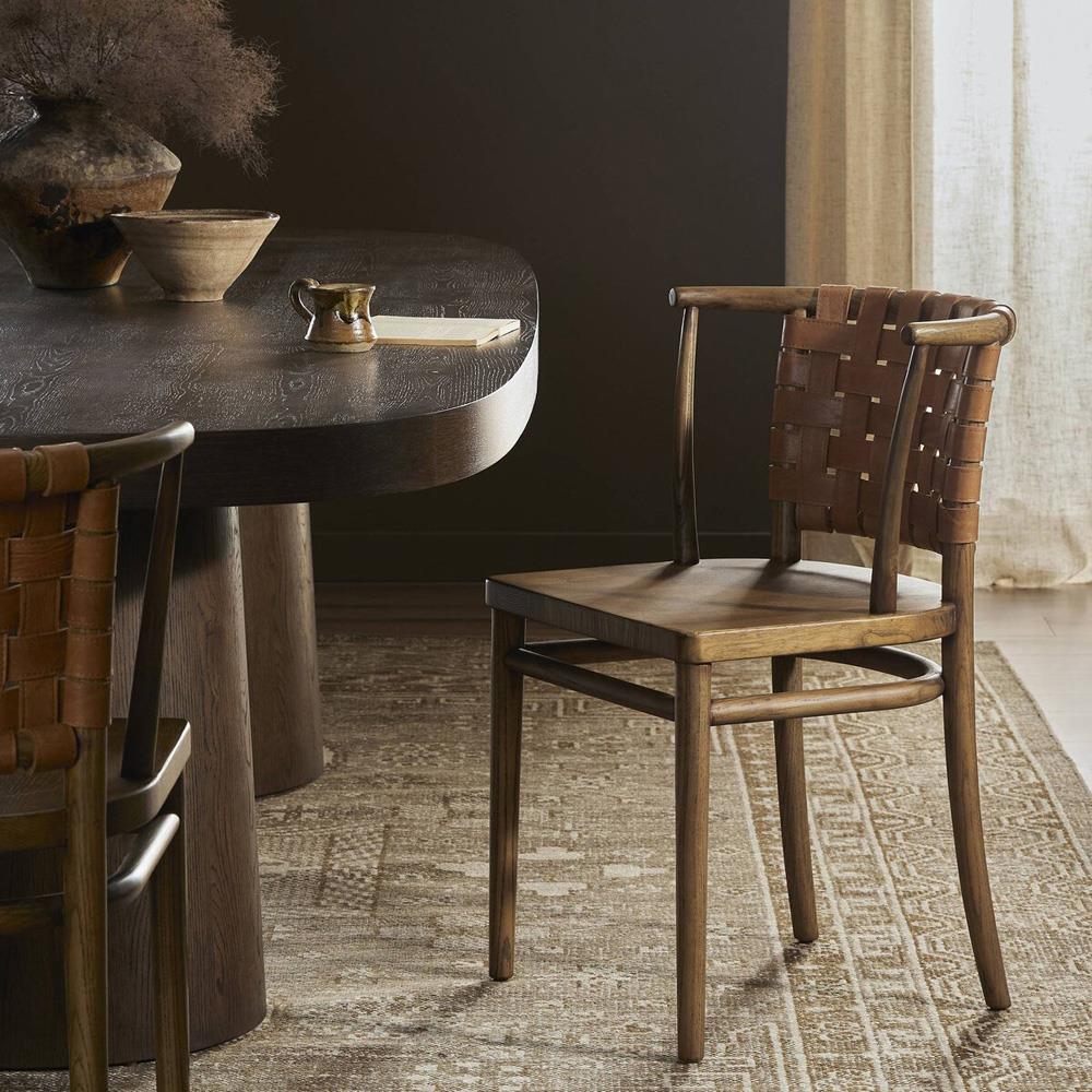 Rena Rustic Lodge Woven Leather Brown Wood Dining Side Chair