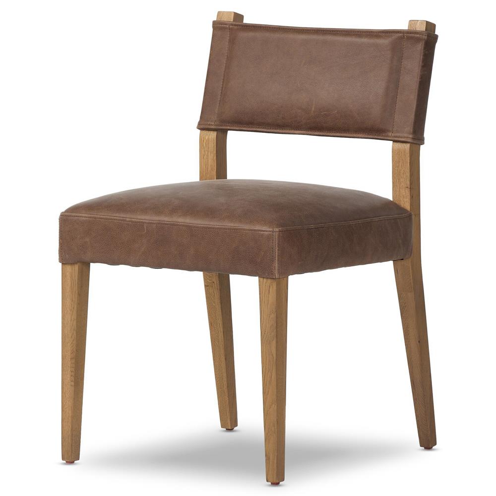 Ely Rustic Lodge Brown Leather Oak Dining Side Chair|