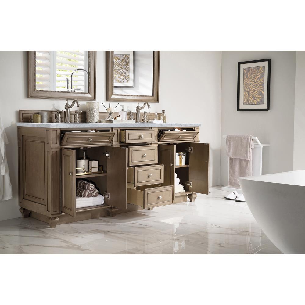 Fynn French Country Carrara Marble Whitewashed Wood Double Vanity Sink - 72"|