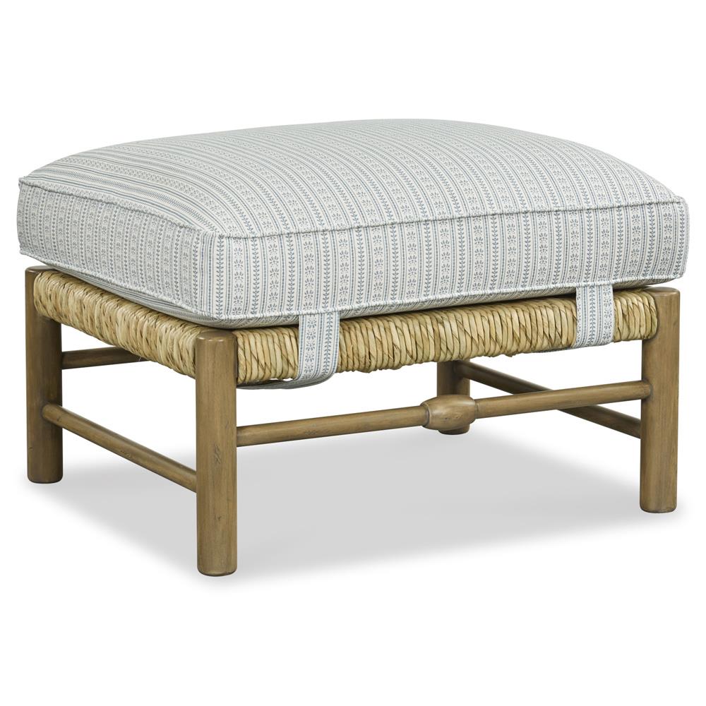 Bailey Coastal Beach Blue Stripe Woven Rush Wood Ottoman | Kathy