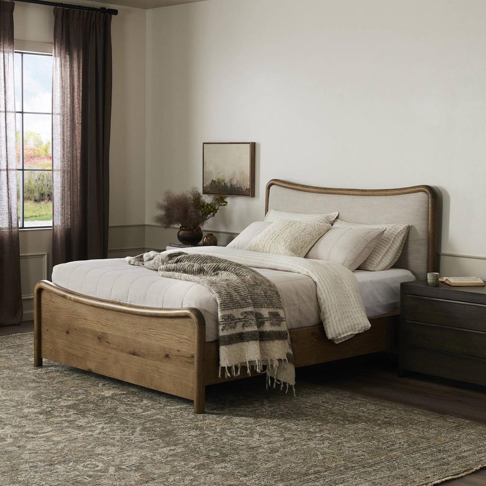 Holmes Rustic Lodge Beige Performance Brown Oak Curved Bed - Queen|