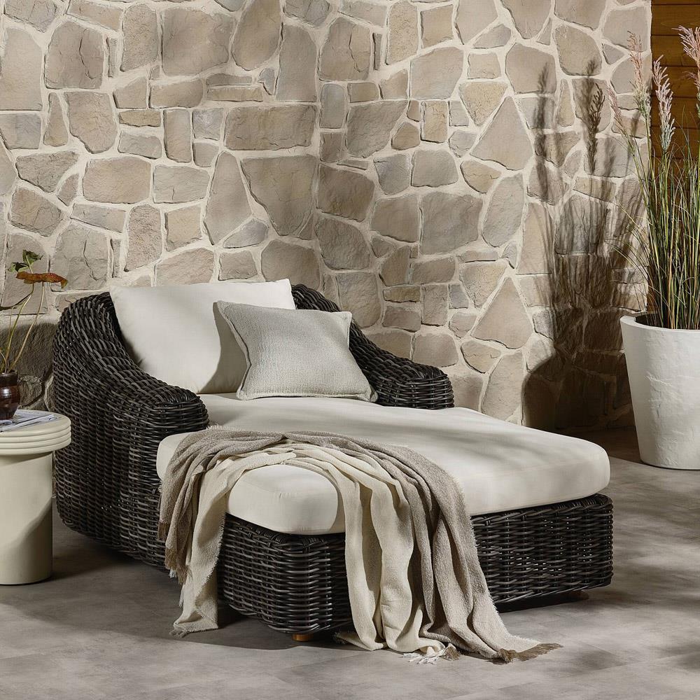 Celina Coastal Cream Upholstered Charcoal Teak Outdoor Chaise Lounge|