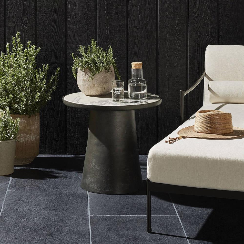 Berlin Modern Classic White Marble Grey Aluminum Round Outdoor End Table|