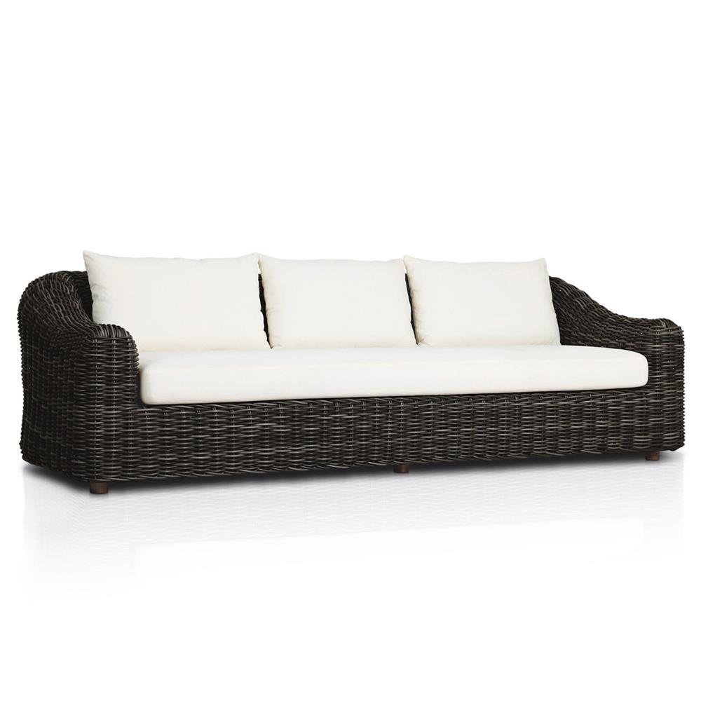 Celina Coastal Cream Upholstered Woven Wicker Charcoal Teak Outdoor Sofa - 106"|
