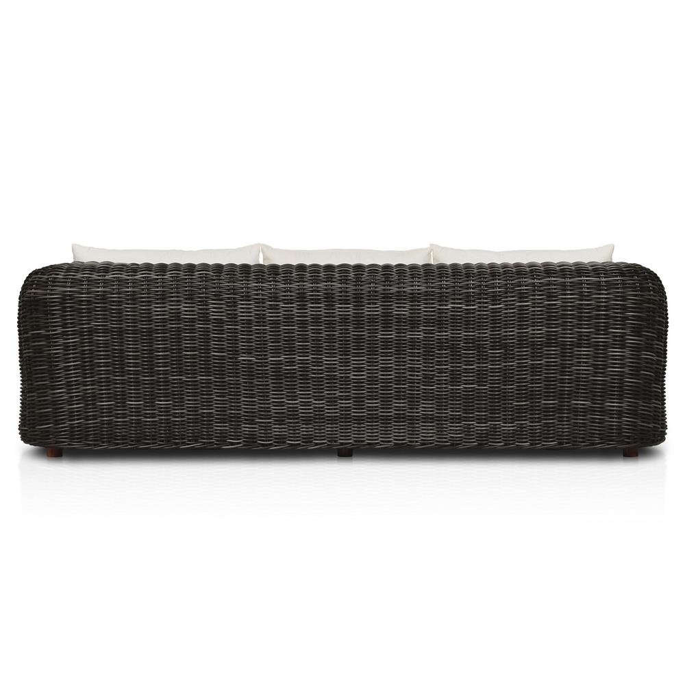 Celina Coastal Cream Upholstered Woven Wicker Charcoal Teak Outdoor Sofa - 106"|