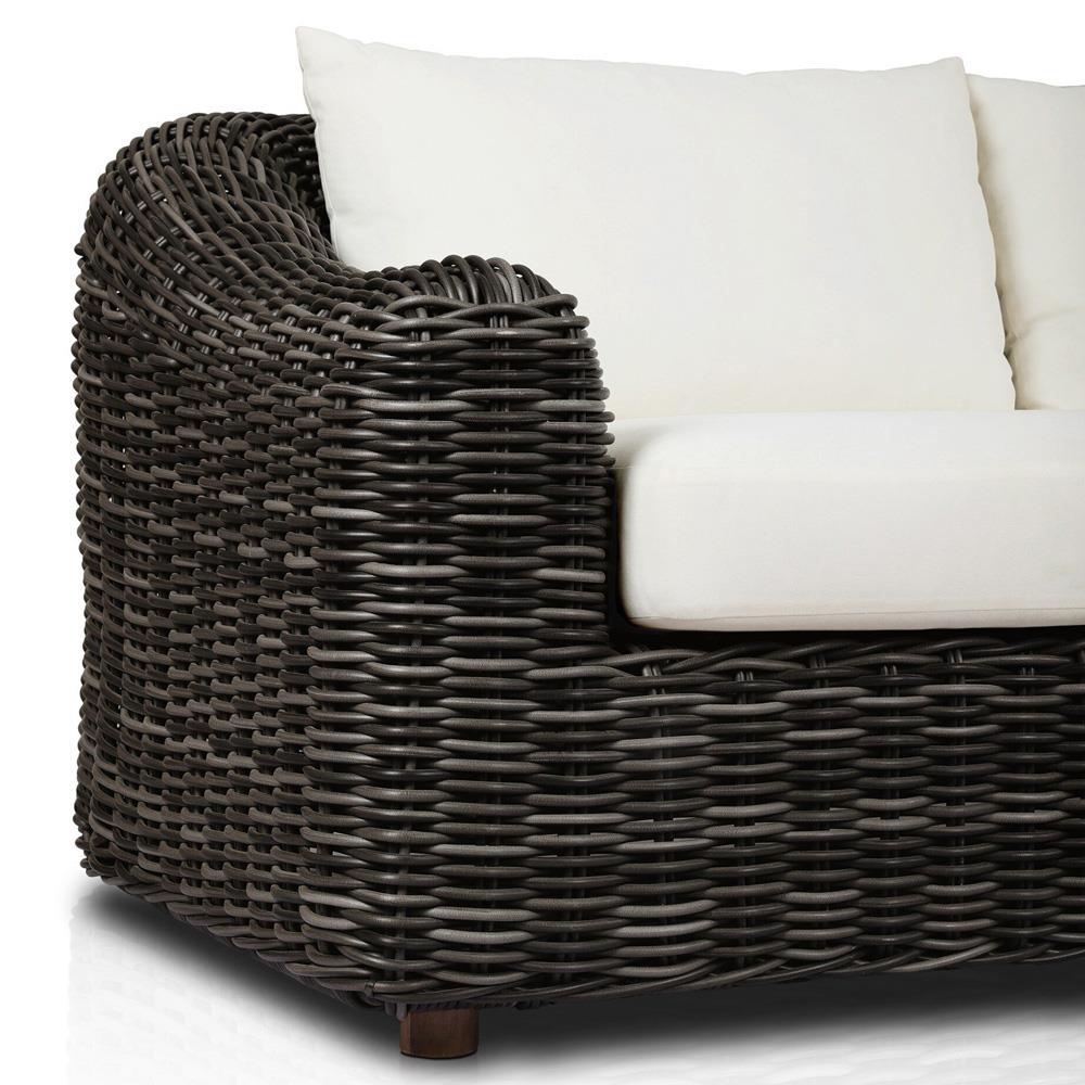 Celina Coastal Cream Upholstered Woven Wicker Charcoal Teak Outdoor Sofa - 106"|