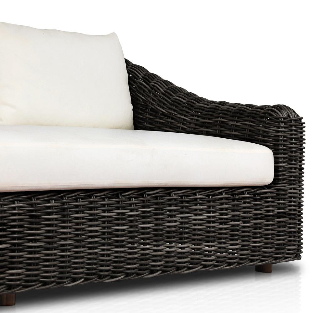 Celina Coastal Cream Upholstered Woven Wicker Charcoal Teak Outdoor Sofa - 106"|